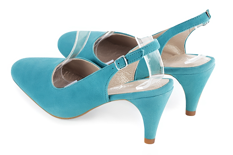 Turquoise blue women's slingback shoes. Round toe. High slim heel. Rear view - Florence KOOIJMAN